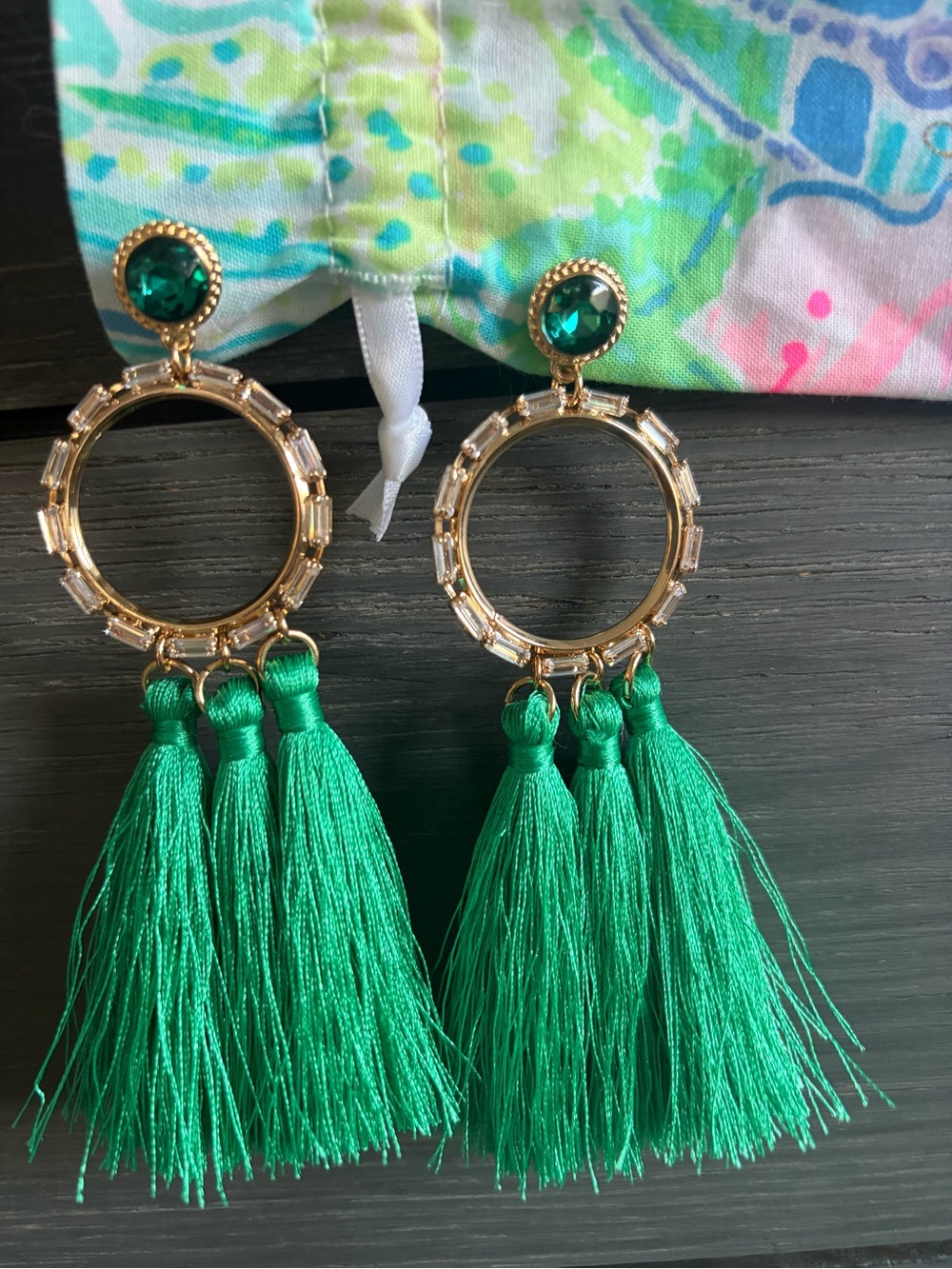 Lilly Pulitzer Gold Hoop Earrings with Bright Green Tassels